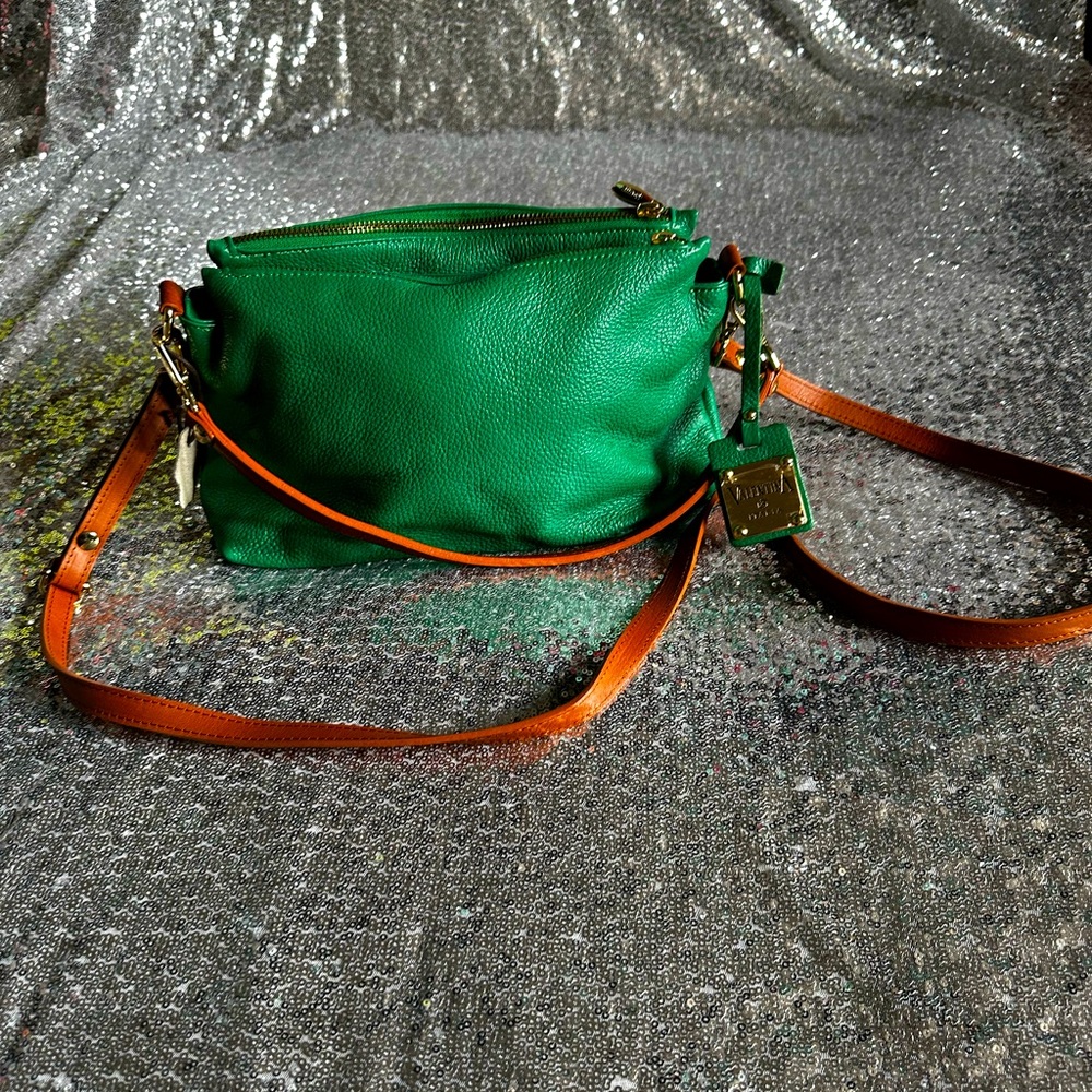 Valentina Emerald Green Pebbled Leather Crossbody with Brown Strap